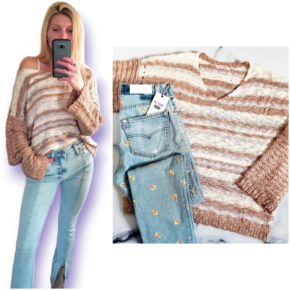 NEW Crochet Knit Slouchy V-neck Sweater